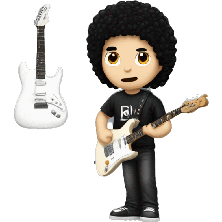 A guy with black hair and white skin and Electric guitar and metallica t shirt  emoji