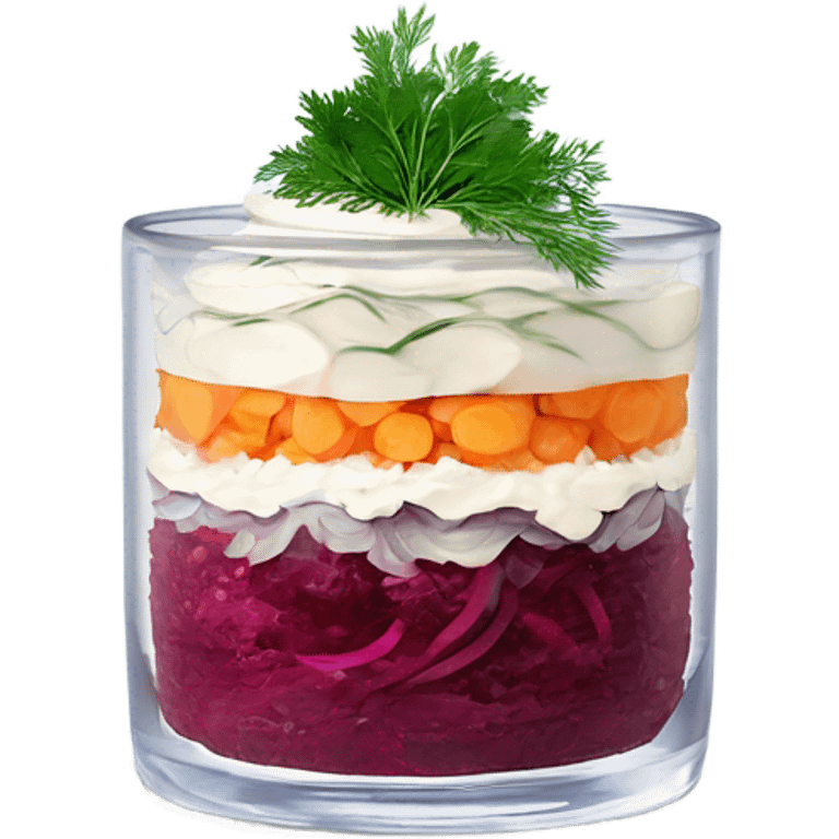 Shuba russian Layered Beet dish  with Herring and mayonnaise in Crystal bowl, dill on top  emoji