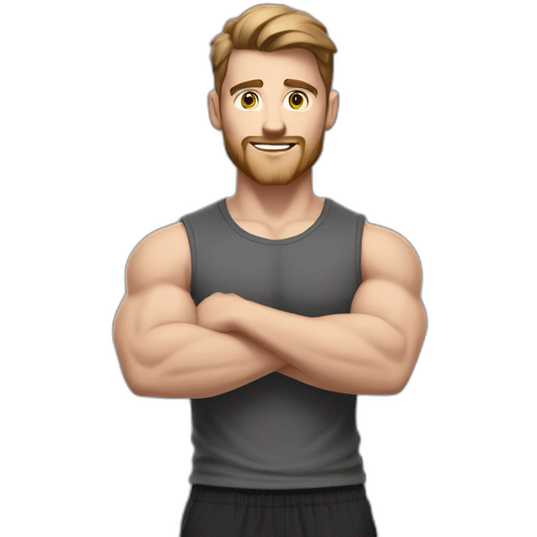 Close up Actively gesturing  with hands Pale skinned Fit Man With the biceps and brown hair in dark gray Sleeveless Mike, black oversize sports shorts, watch and white Sneakers emoji