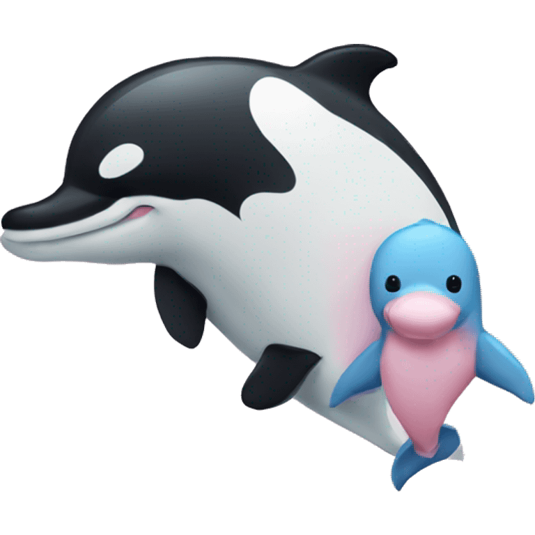 light pink dolphin holding a panda bear stuffed animal emoji