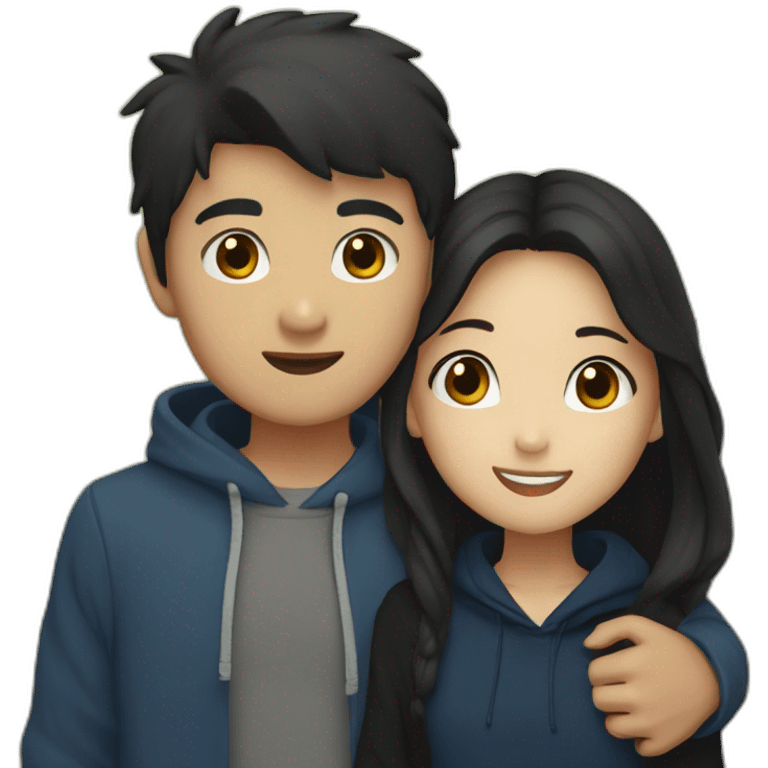 Asian boy with black hair and dark blue hoodie hugging girl with brown hair and black blouse emoji