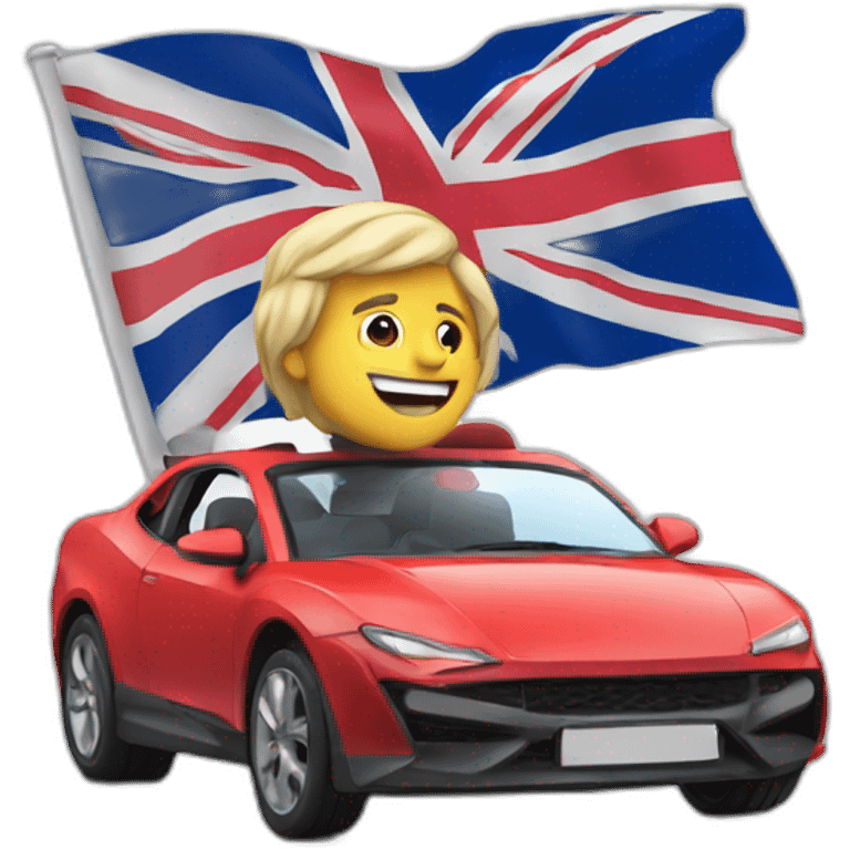 a muscular man driving a car with the uk flag on it* emoji