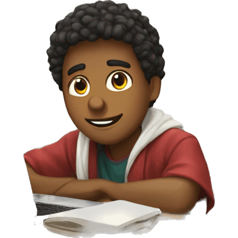 male student sitting at a school desk with a Chromebook with a blanket  emoji