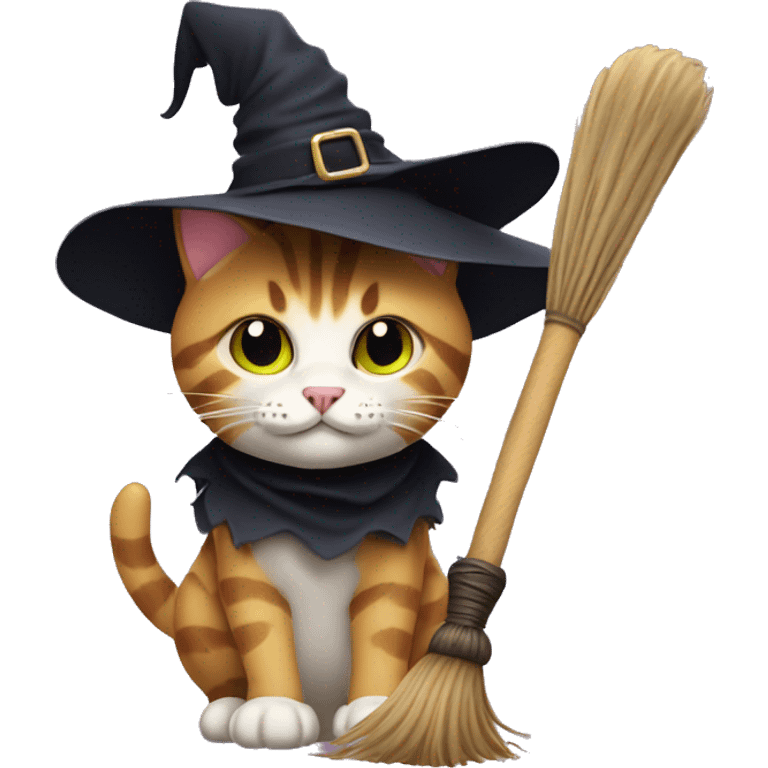 cat with witch hat and a broomstick emoji