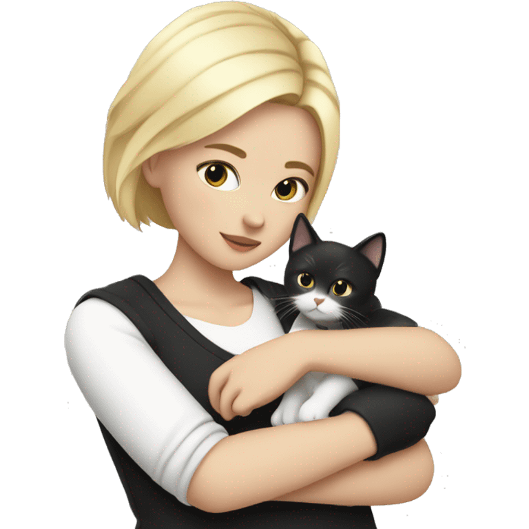 blonde girl with short hair holding a black and white cat in her arms emoji