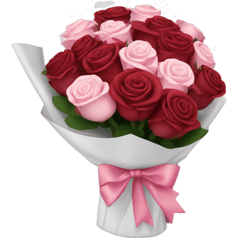 Burgundy bouquet of roses wrapped in white wrapping paper with pink bow emoji