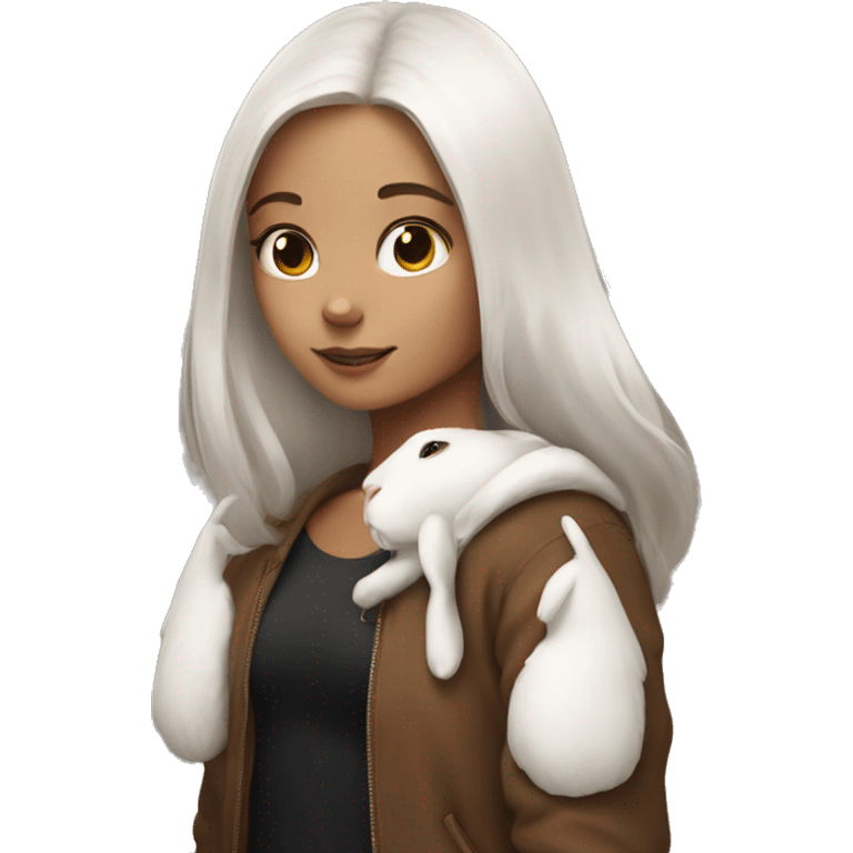 white black rabbit on shoulder of brown haired girl emoji