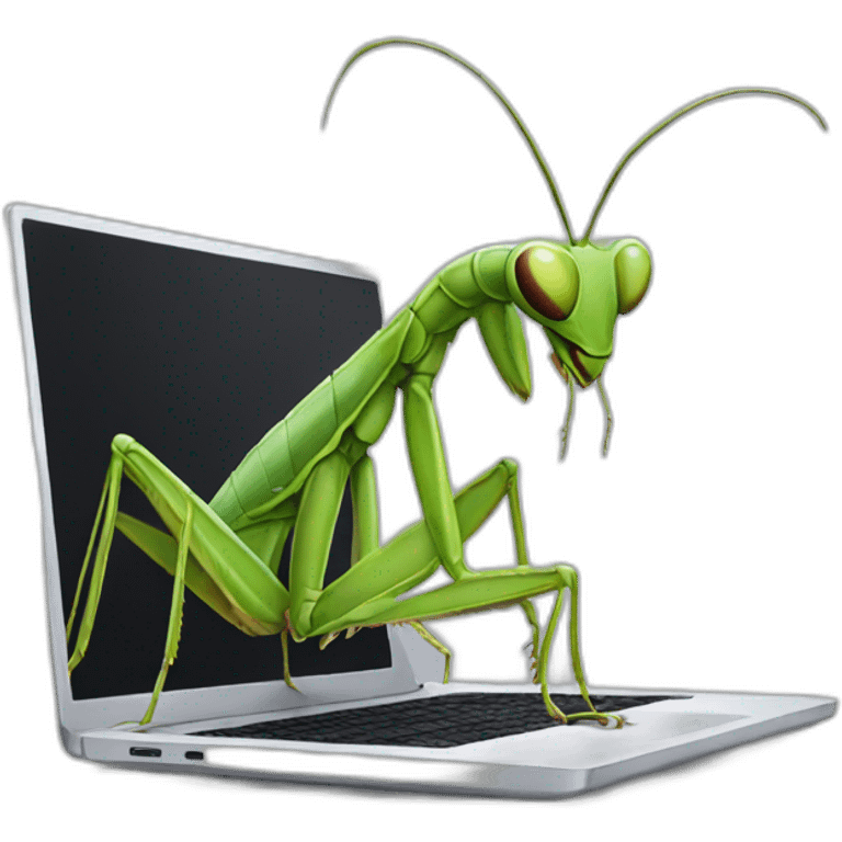 praying mantis using laptop emoji