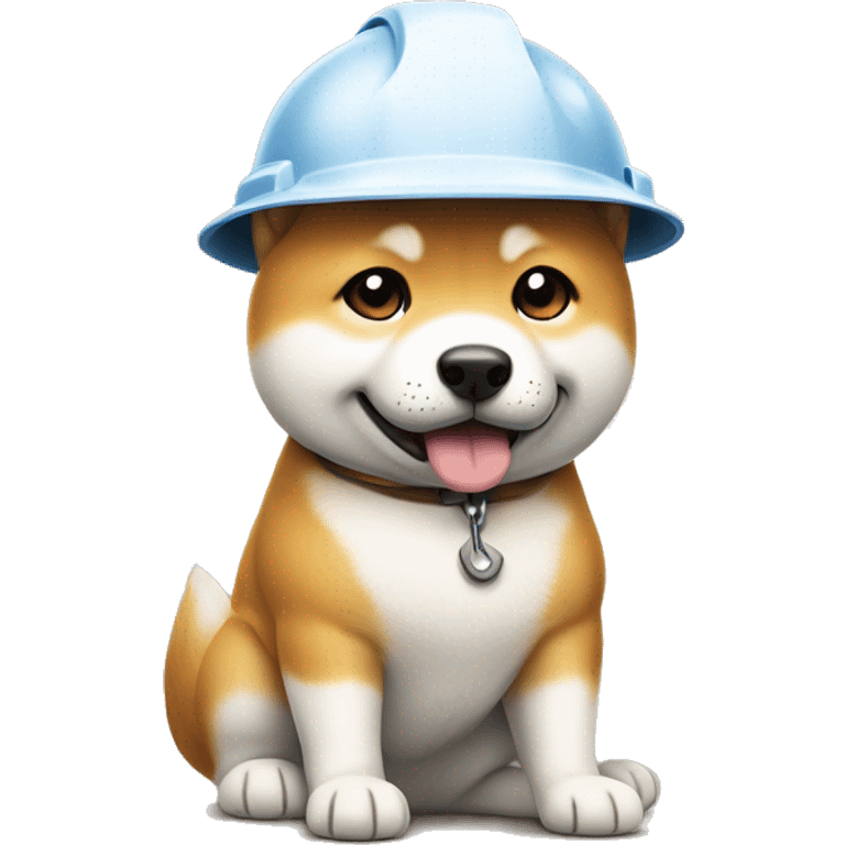 A dog wearing a hardhat, with a hammer ready to work. Cute shiba inu dog. emoji