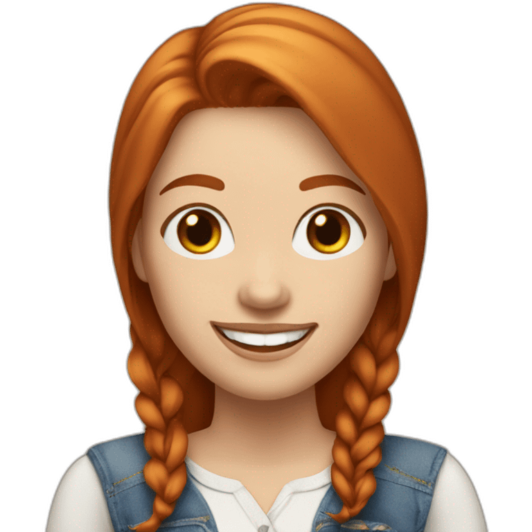 redhead white woman with medium long straight hair, greets smiling, with jeans and romantic blouse emoji