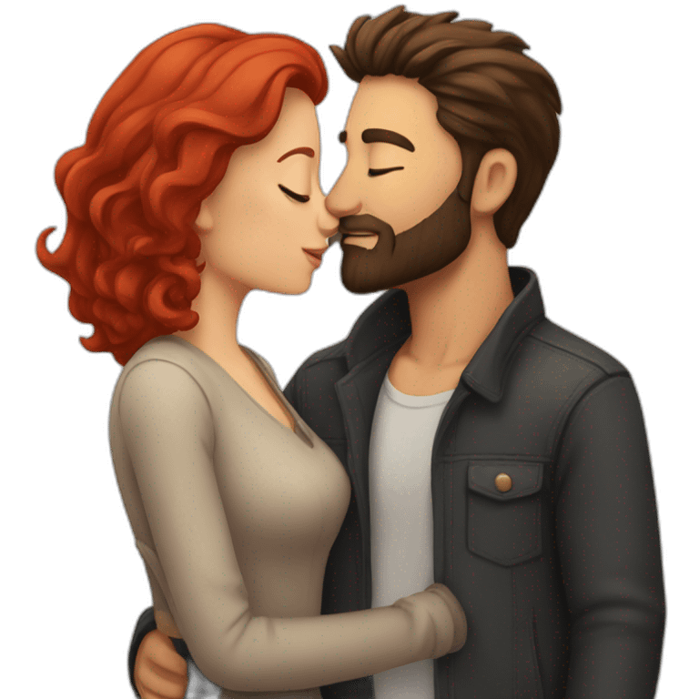 a bearded man with dark hair kissing a woman with red hair emoji