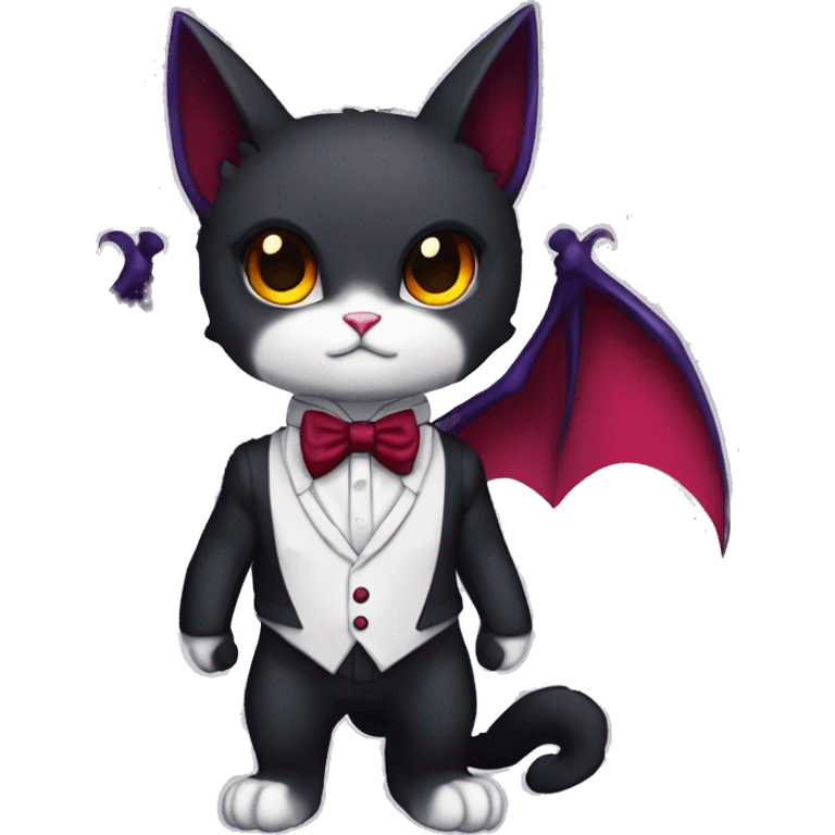 Cute-Edgy-Vampiric-Batty-Cat-Black-Purple-Red-Yellow-Contrast-Colors-Fantasy-Fur-Sona-Chibi-Shiny-Fakémon-Hybrid with horns and big fangs neck bow white tie leg spats full body emoji