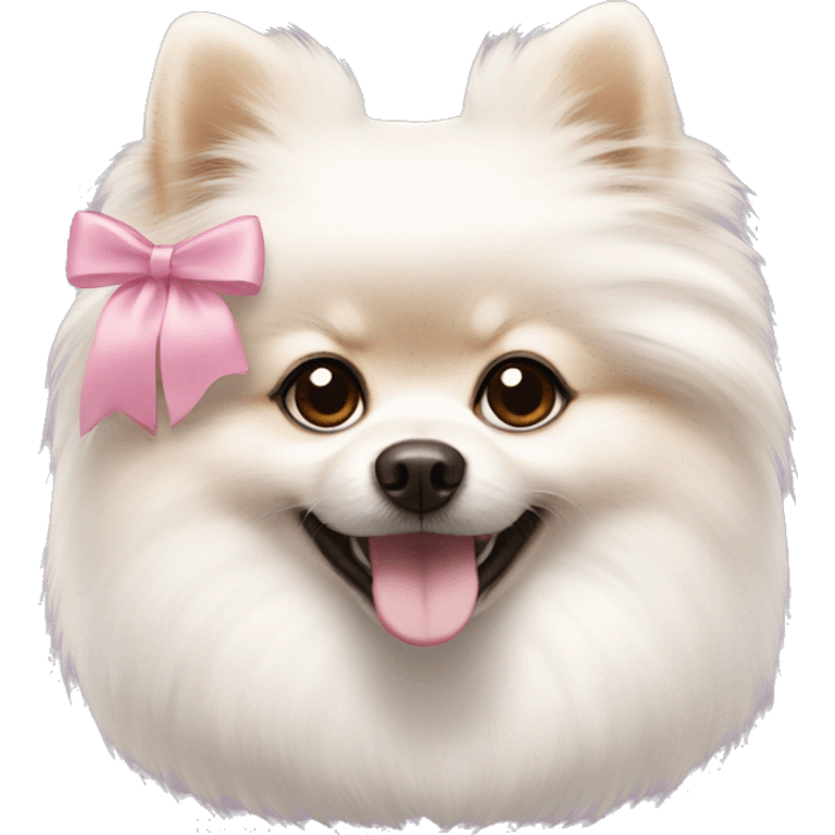 white Pomeranian with brown ears and a Pink bow around the neck emoji