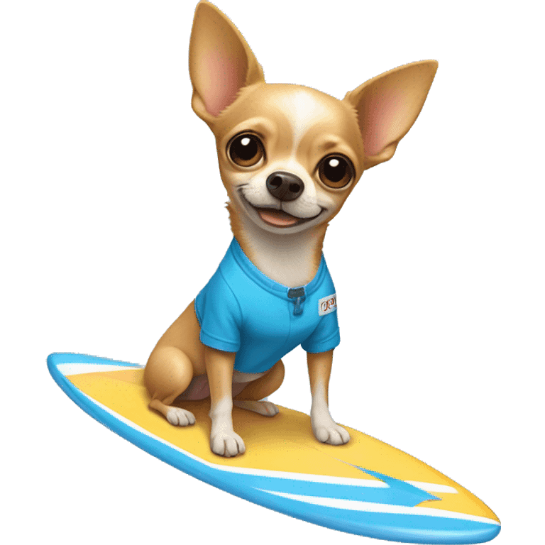 Chihuahua on a surfboard wearing blue shorts. emoji