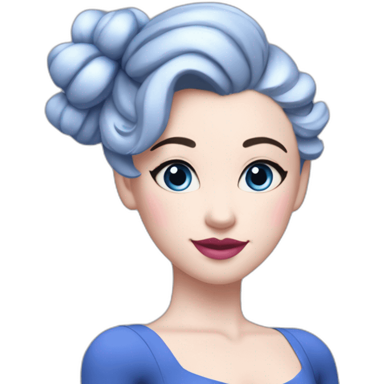 white pale woman, dark blue hair with a bun, rosy pink cheeks, closed eyes with blue mascara, pink lips, blue leotard, ballora, ballerina emoji