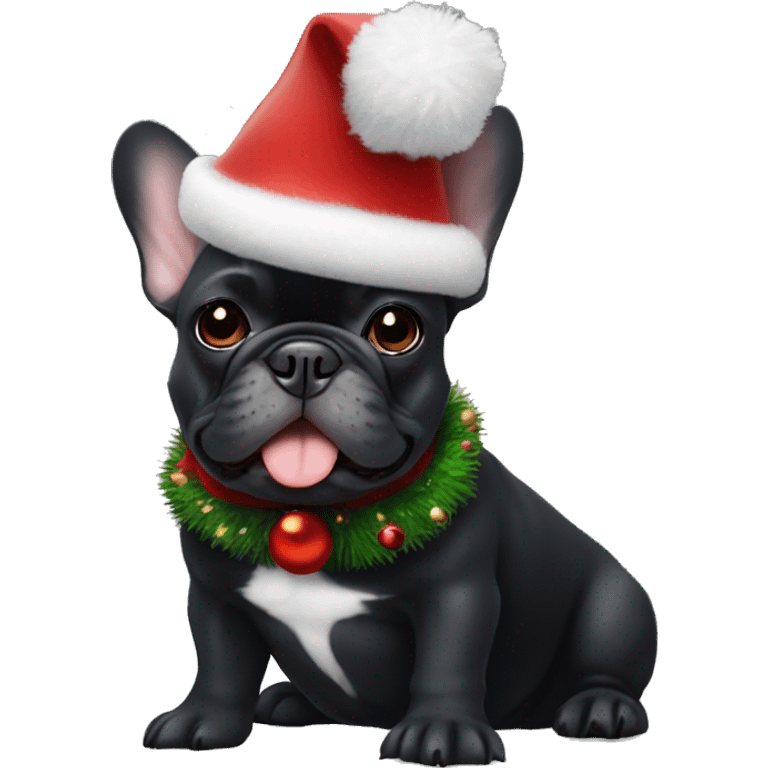 Fluffy black French bulldog with a Christmas hat  emoji