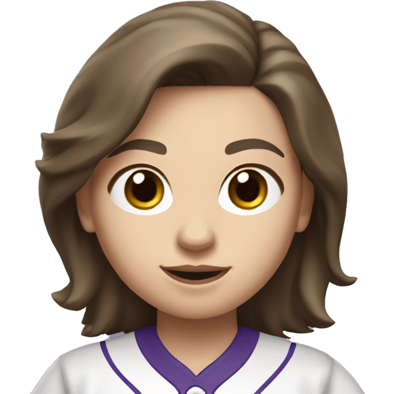 baseball card character. white female. shoulder length brunette hair. letter C logo. Purple and white uniform.  emoji