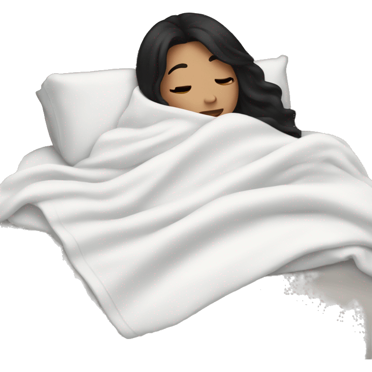 Woman with black hair  laying down cozy in a white blanket  emoji