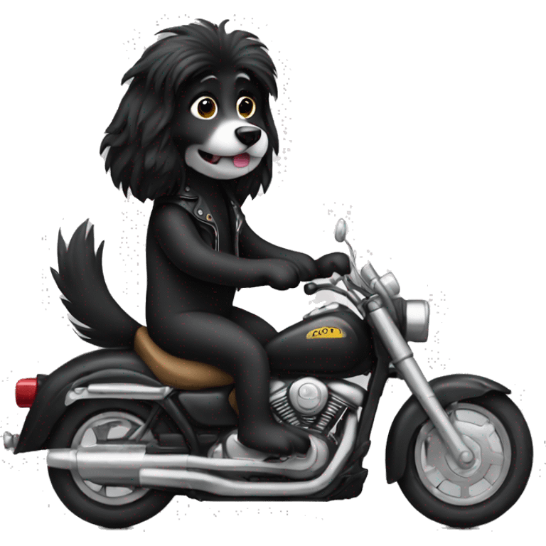 Black long haired dog riding a motorcycle  emoji