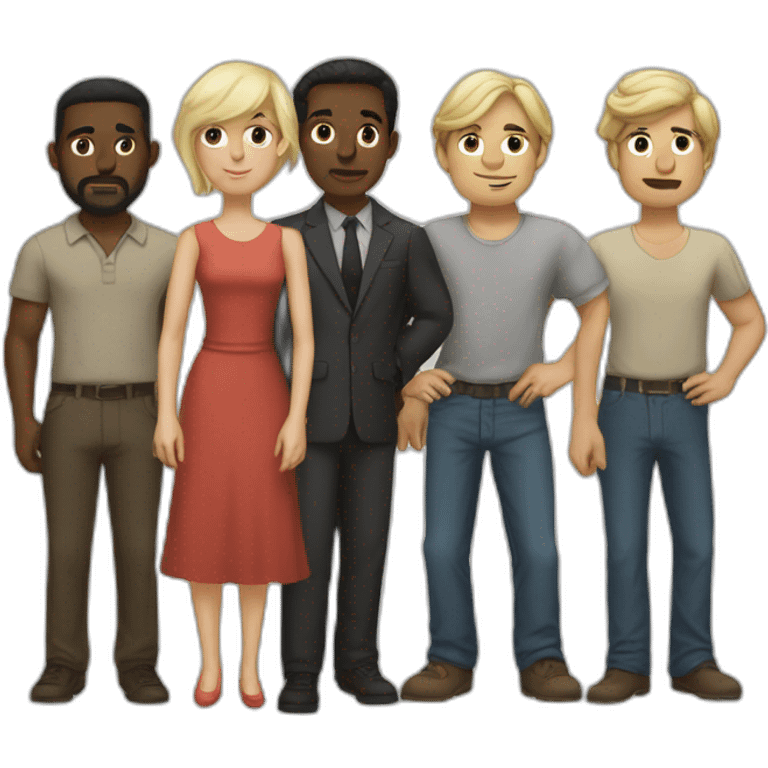 six dark-skinned men stand behind a pale blonde woman emoji