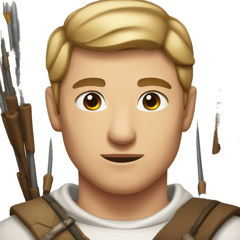 a male archer, looking into the direction of the aim, eyes closed, wearing a white shirt, very short brown hair, bright skin, only show upper part of the body from waist up emoji