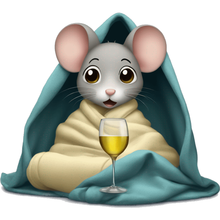 A cute girl mouse watching netflix underneath a blanket with a glass of white wine emoji