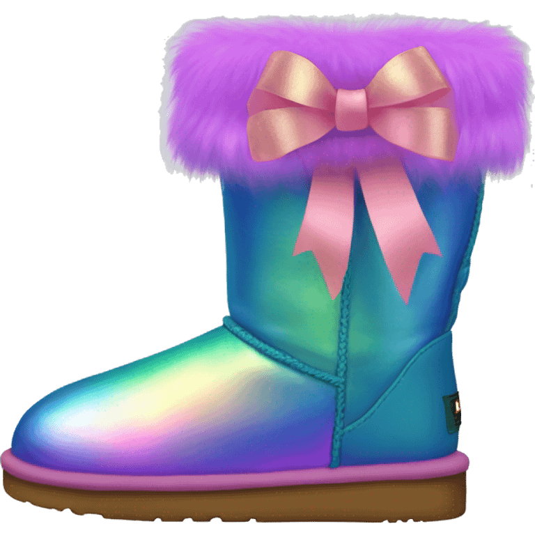 Pair of iridescent Ugg fur boots with ribbon bows. emoji