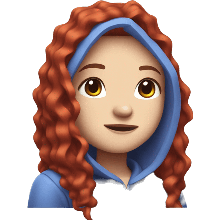 a white girl with long red curly hair, wearing periwinkle Minecraft hoodie playing a videogame emoji