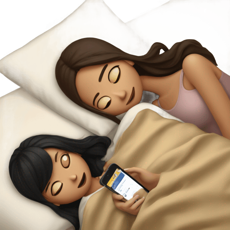 girl with long brown hair and girl with short black hair on their phones laying in a bed with a beige comforter  emoji