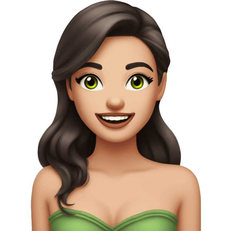 beautiful girl with high cheek bones orange blush, long straight shiny dark brown hair, big green eyes and big pale pink lips. Long thick eyelashes. Wearing a cream bustier.  She is laughing emoji