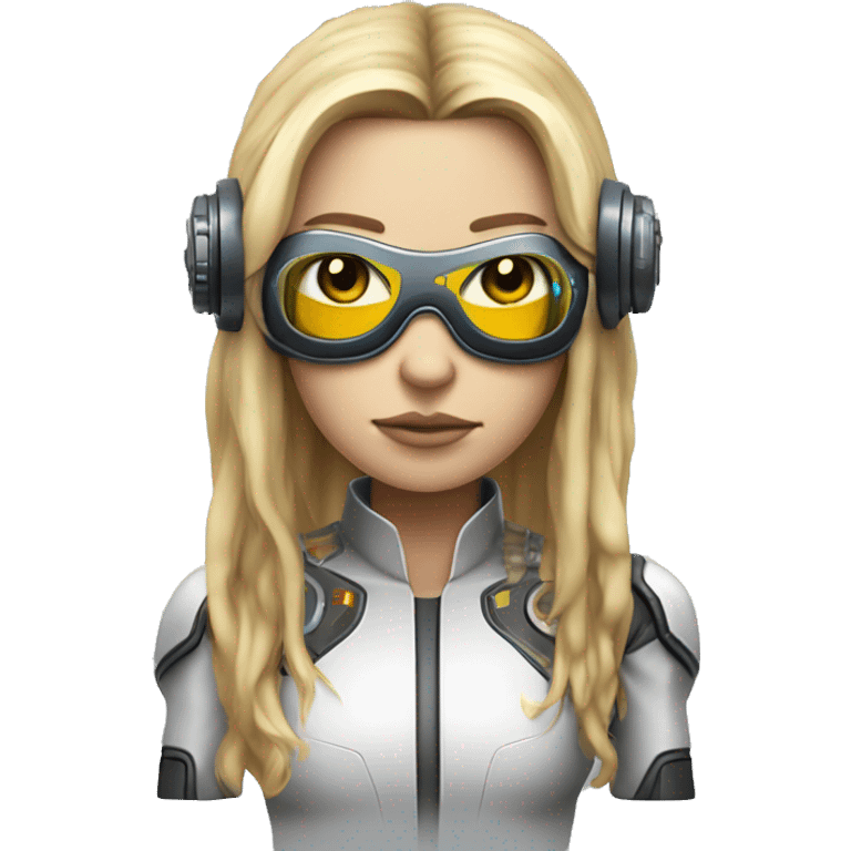 Brown long hair with blonde steaks female cyborg head, fair skin, space age goggles and circuits emoji