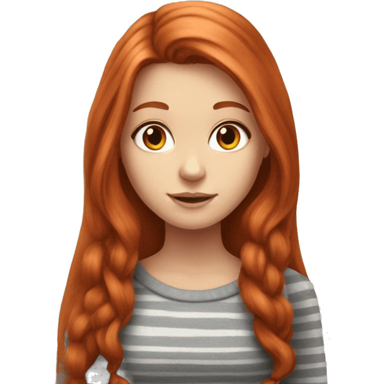 Redhead girl with very long hair and grey striped cat emoji