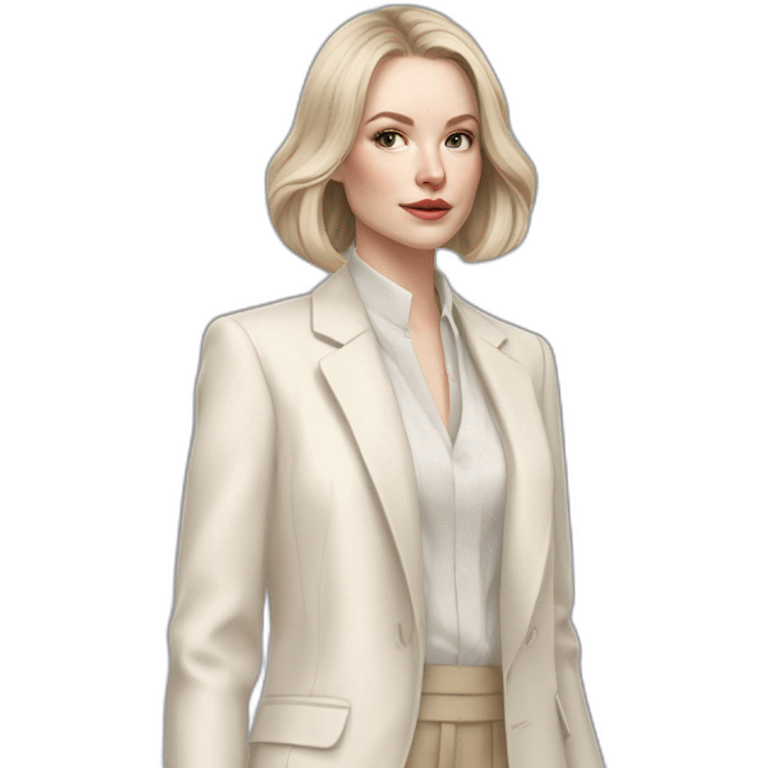 pale skin woman with ash blonde Straightened bob Hair, White Spacious classical jacket, beige palazzo Arrow pants and gray blouse holding a color palettes in the hands emoji