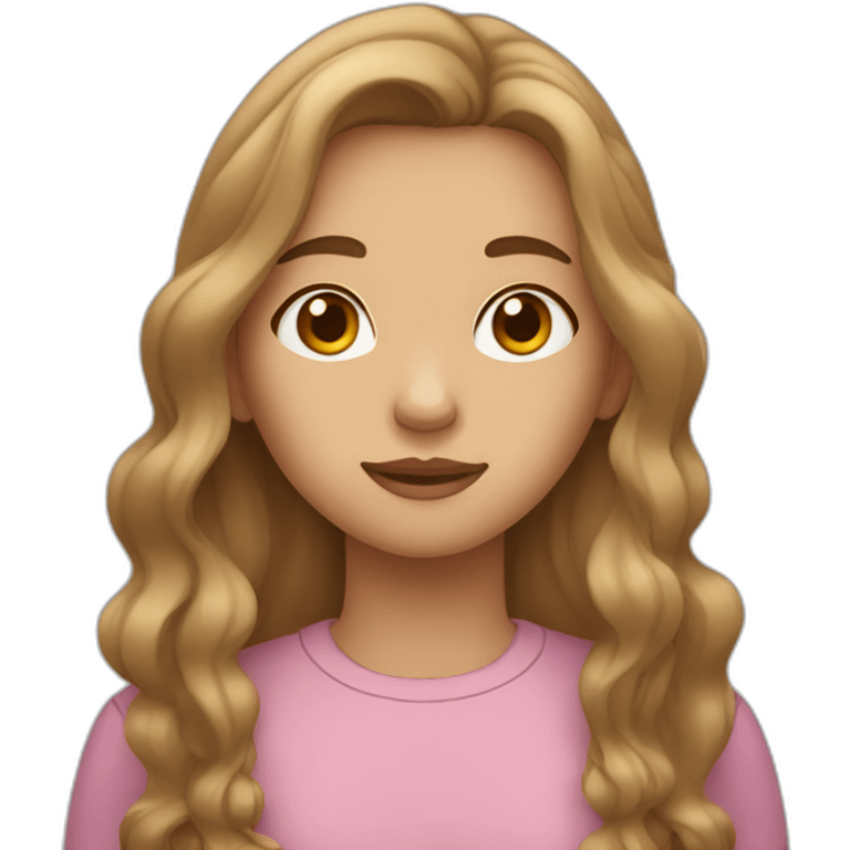 A teenage girl with light brown hair, sleepy eyes, a dimple in her cheek, and long hair. emoji