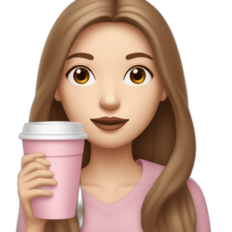 woman with pale skin and middle brown long thin hair sipping cofee from a light pink takeaway cup eyes closedf emoji