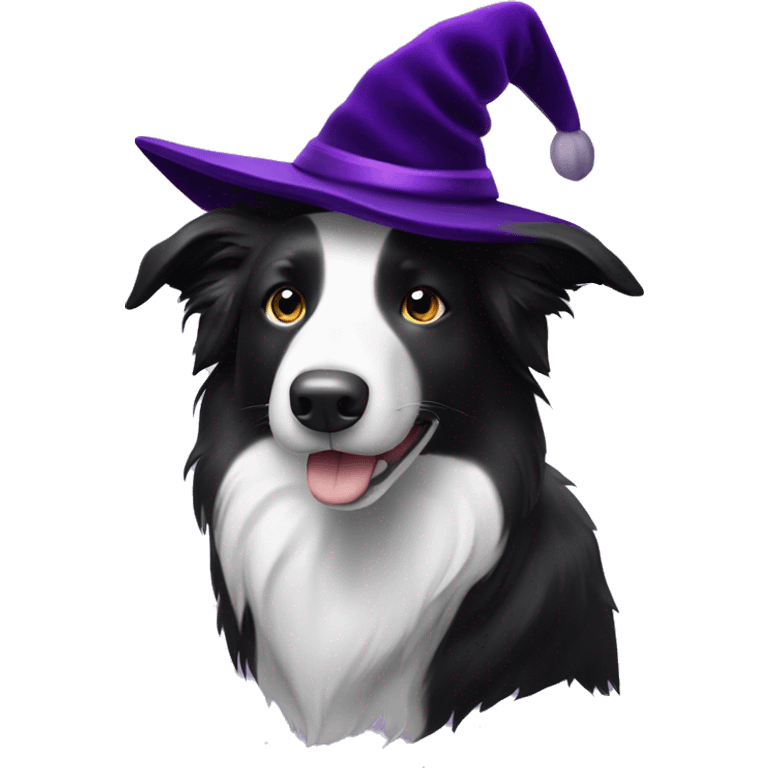 Black and white Border Collie wearing a dark purple velvet wizard hat.   emoji