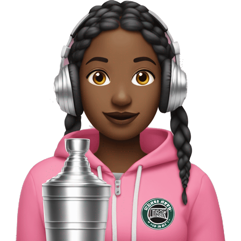 Black girl with boho braids wearing beats headphones while drinking out of pink stanley cup emoji