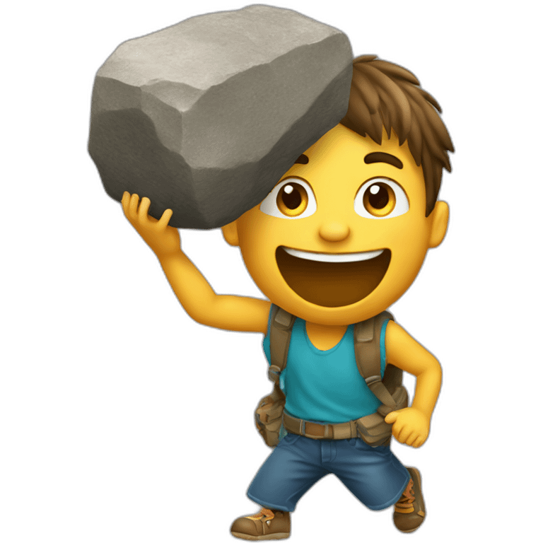 A child laughing and carrying a large rock on his shoulders. Real 3D image emoji