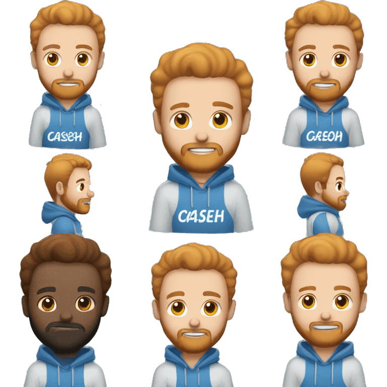 A man named caseoh, big, white, ginger, wears a blue hoodie that says caseoh on top, ginger beard, emoji