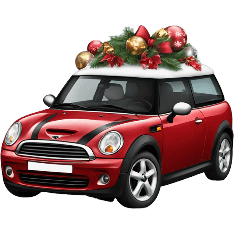 Red Mini Cooper Clubman with lots of Christmas decorations emoji