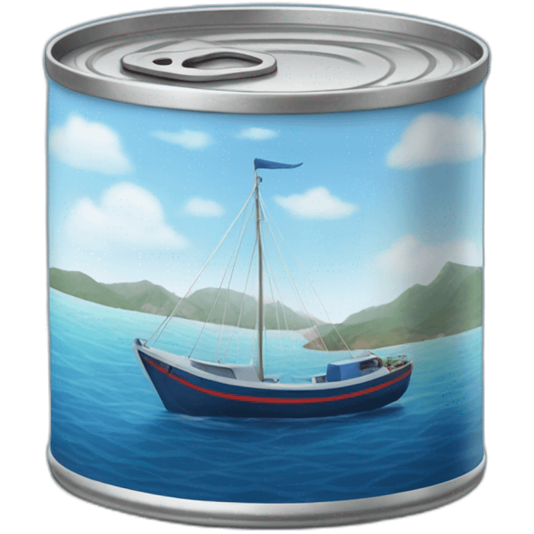 Realistic small can of tuna showing a blue sailling boat on a sea background emoji