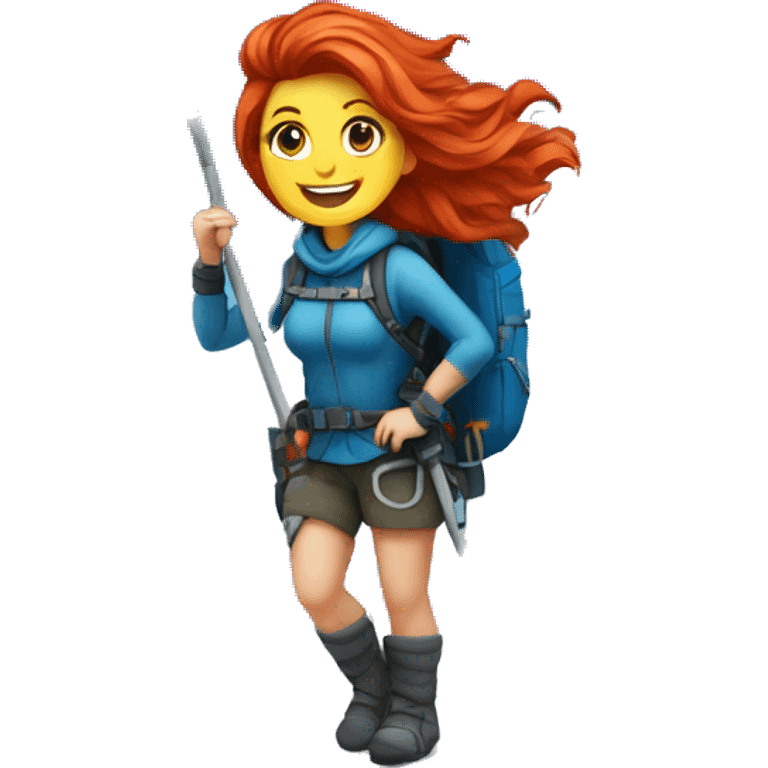 a red hair female mountaineer summitting EVEREST with greek flag emoji