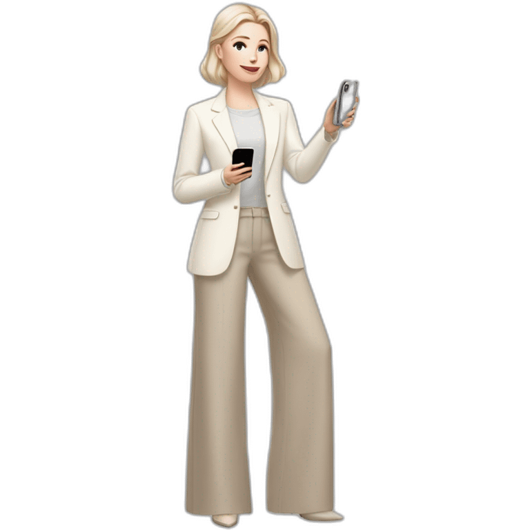 pale skin woman with ash blonde Straightened bob Hair, White Spacious classical jacket, beige palazzo Arrow pants and gray blouse holding white IPhone 14 pro in the hands emoji