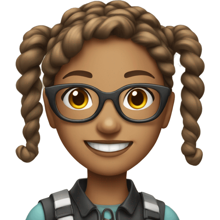 Brown haired young lady with long pigtails, futuristic glasses and a smile emoji