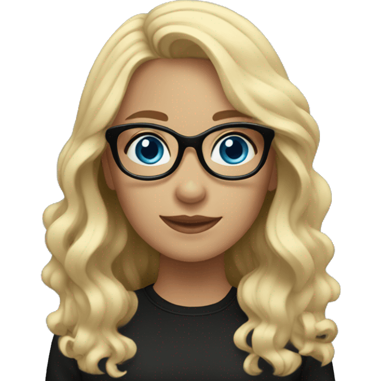 A girl with blonde wavy hair and black glasses with blue eyes and a black shirt emoji