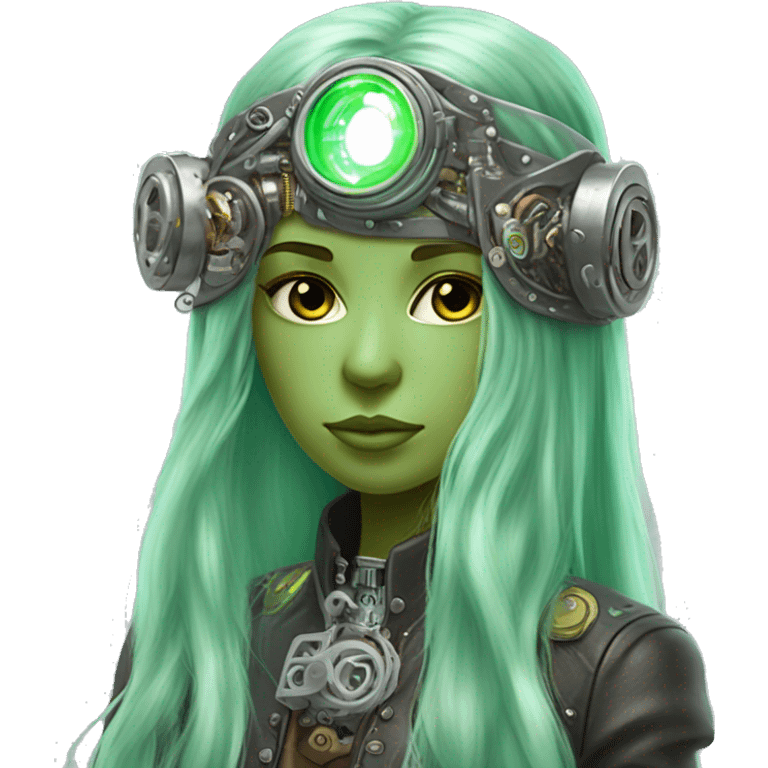 Light green long hair female cyborg head with silver steampunk headband goggles, circuits emoji