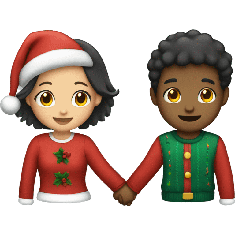 Boy and girl holding hands with Christmas clothes emoji