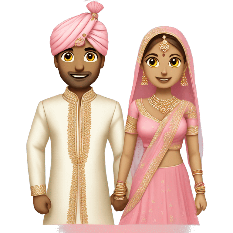 Wedding couple in Indian Attire. Man should be in baby pink sherwani and lady should be in baby pink chaniya choli. emoji