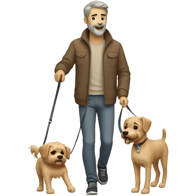 Bearded man taking his short hair beige dog for a walk  emoji