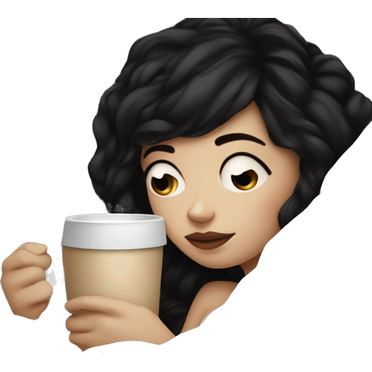 Pale Girl with black hair  laying down cozy in a whitel blanket with a coffee  emoji